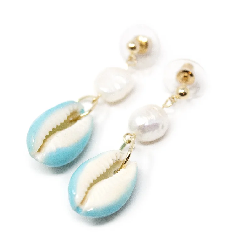 women’s pearl stud earrings -romantic earrings for women -Turquoise Cowry Pearl Drop Earrings Gold Tone