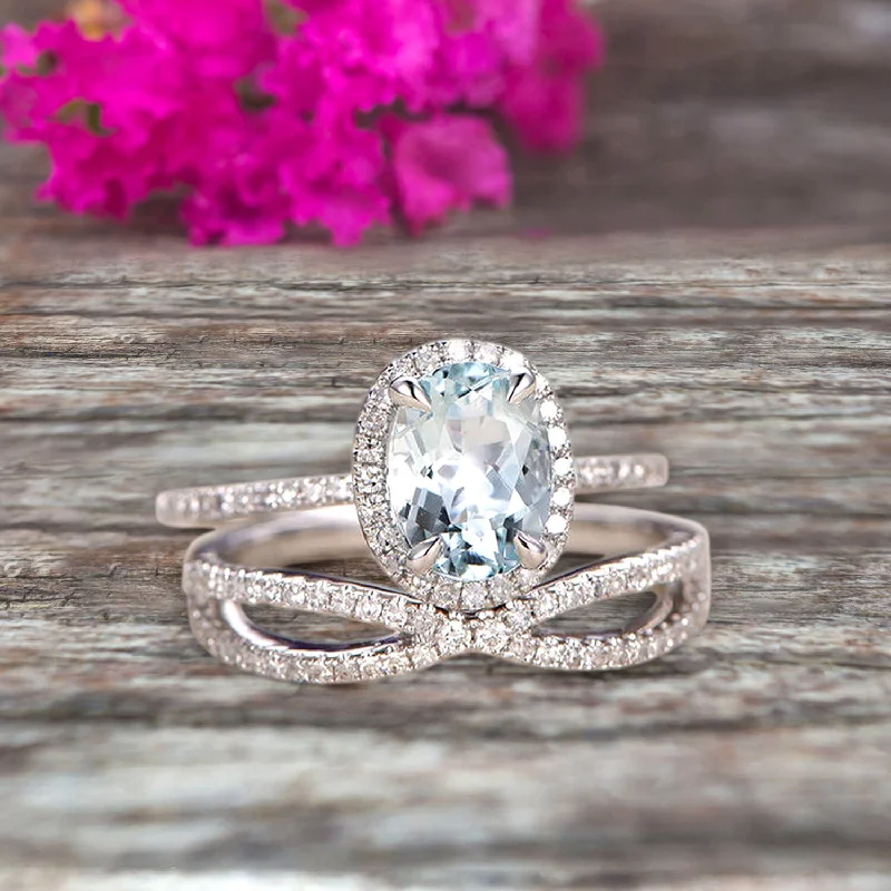 vintage rose gold engagement rings -vintage rose gold engagement rings -10k White Gold 1.75 Carat Oval Cut Aquamarine Engagement Rings With Twisted Wedding Band Diamond Moissanite Halo Design