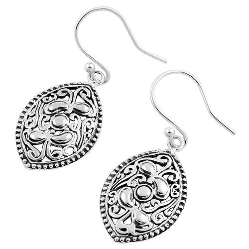 silver earrings for women -diamond earrings for women -Sterling Silver Vintage Curve Pattern Marquise Hook Earrings