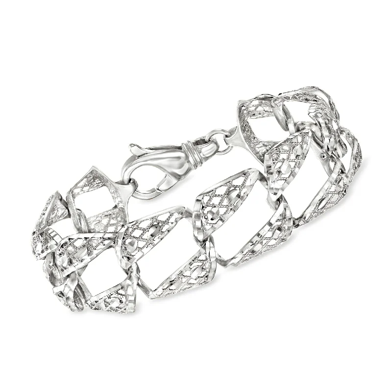 luxury diamond bangles -Ross-Simons Italian Sterling Silver Textured and Polished Openwork Square-Link Bracelet