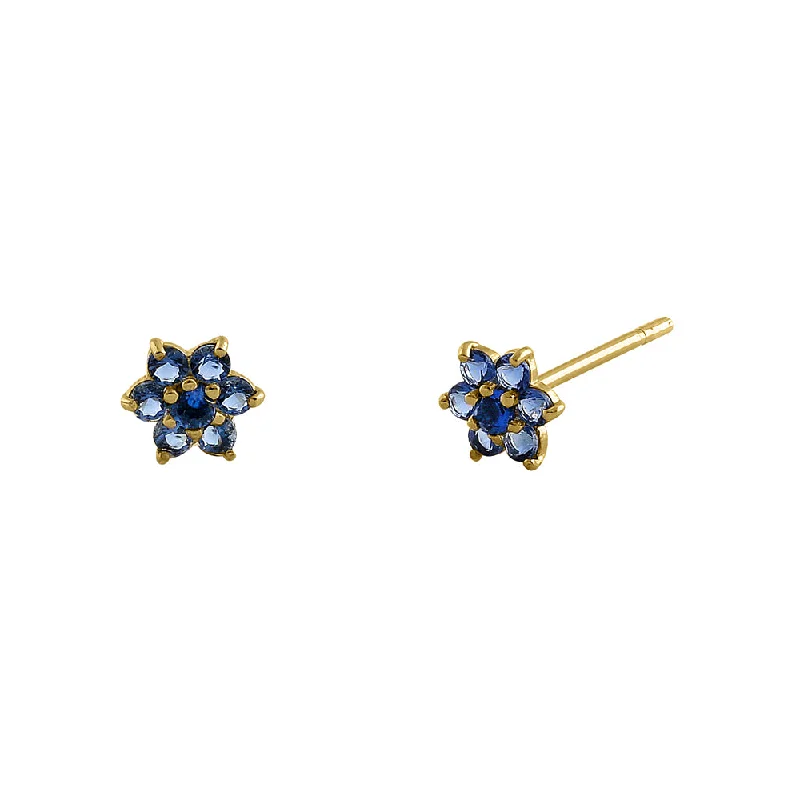 trendy ear climbers for women -trendy ear climbers for women -Solid 14K Yellow Gold Dainty Flower Blue Sapphire CZ Earrings