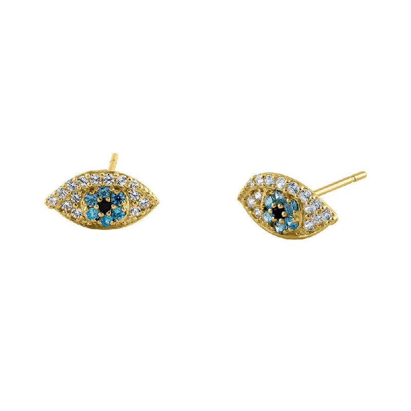 custom earrings for women -chic earrings for women -Solid 14K Yellow Gold Evil Eye Blue Topaz & Black CZ Earrings