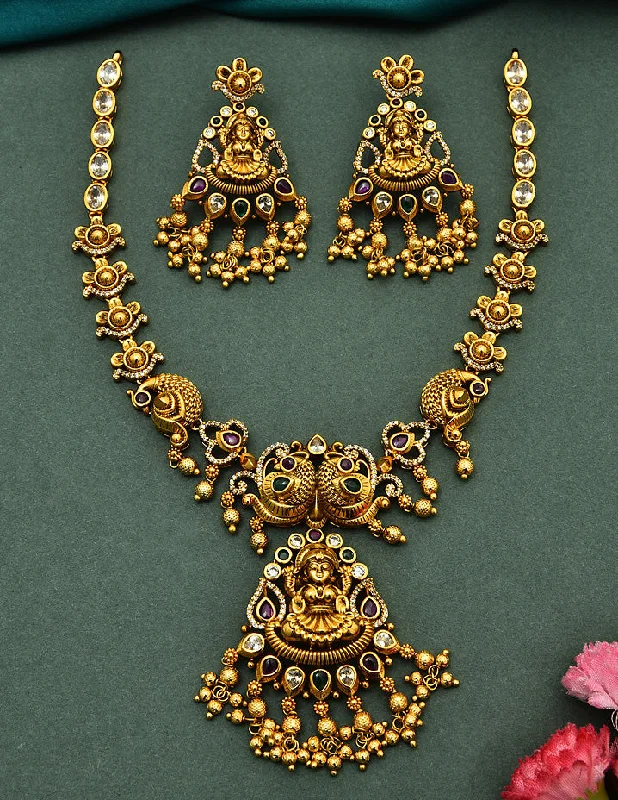 vintage necklaces for women -stylish necklaces for women -Designer Matt Lakshmi Devi Peacock Necklace Set With Gold Balls