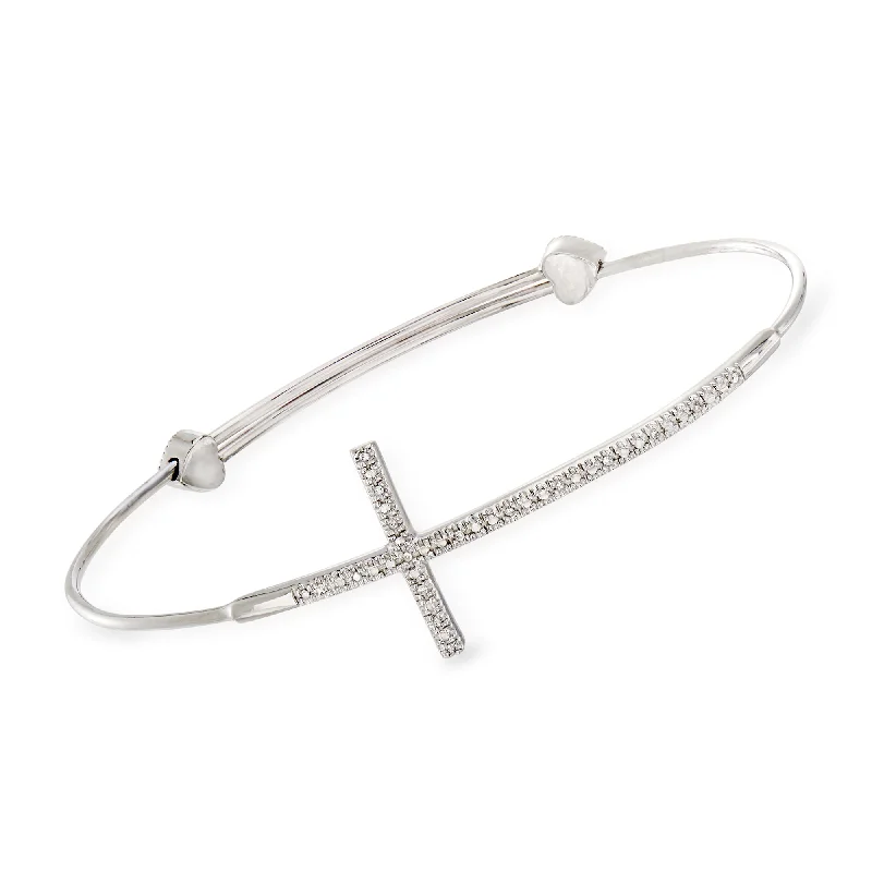 dainty bracelets for women -Ross-Simons Sterling Silver Sideways Cross Bangle Bracelet With Diamond Accents