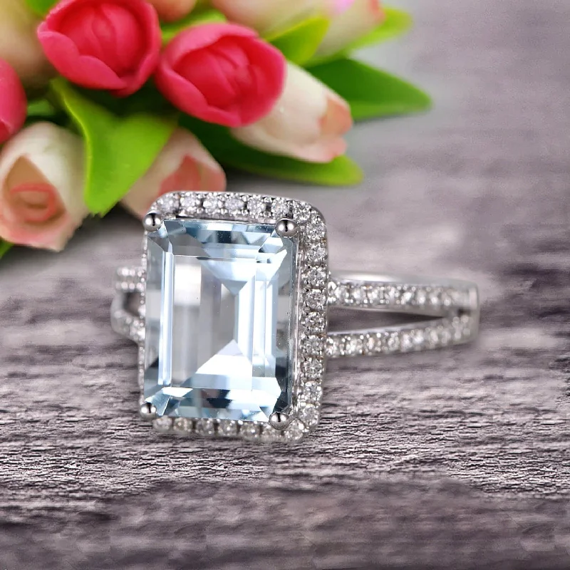 women’s simple wedding rings -women’s simple wedding rings -1.50 Carat Emerald Cut Aquamarine Engagement Ring Diamond Moissanite Wedding Ring in 10k White Gold