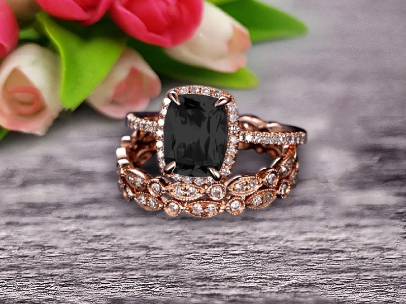 stylish engagement rings for women -stylish engagement rings for women -3Pcs Black Diamond Moissanite 2 Carat Trio Ring Set Engagement Ring On Solid 10k Rose Gold Full Eternity Ring Art Deco Milgrain Promise Ring