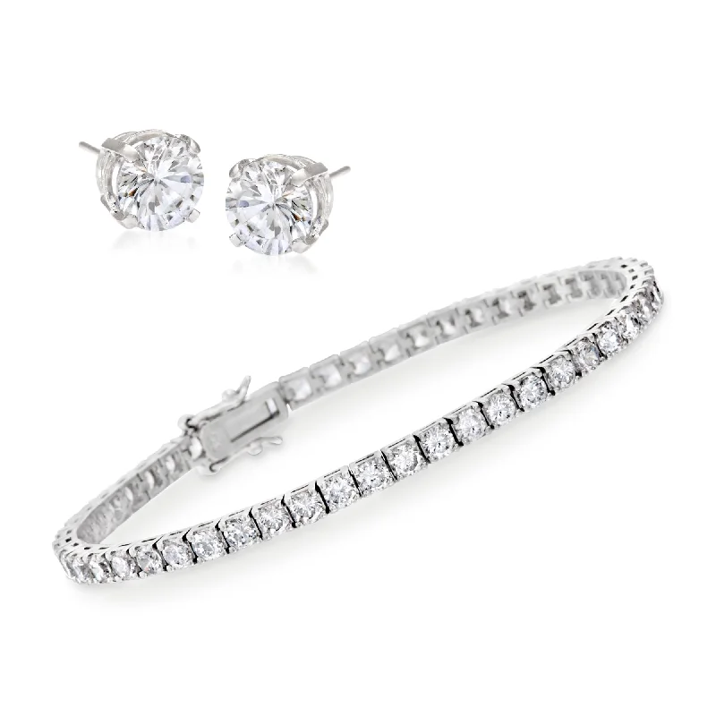 silver bangles for women -Ross-Simons CZ Tennis Bracelet With Free CZ Stud Earrings in Sterling Silver