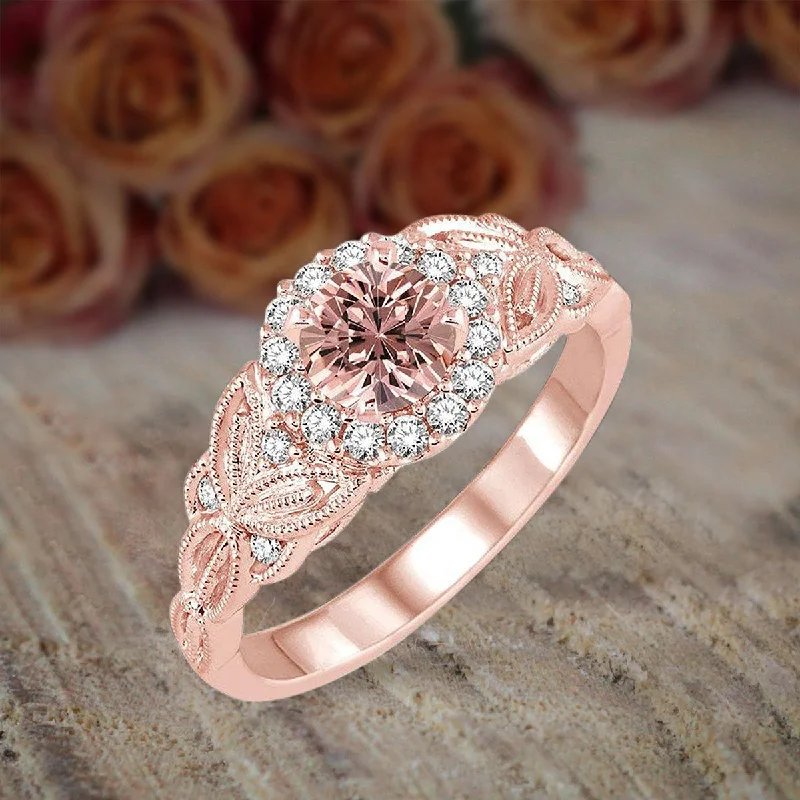 women’s engagement rings with diamonds -women’s engagement rings with diamonds -1.25 Carat Peach Pink Morganite Round Cut Diamond Moissanite Engagement Ring 10k Rose Gold Jewelry