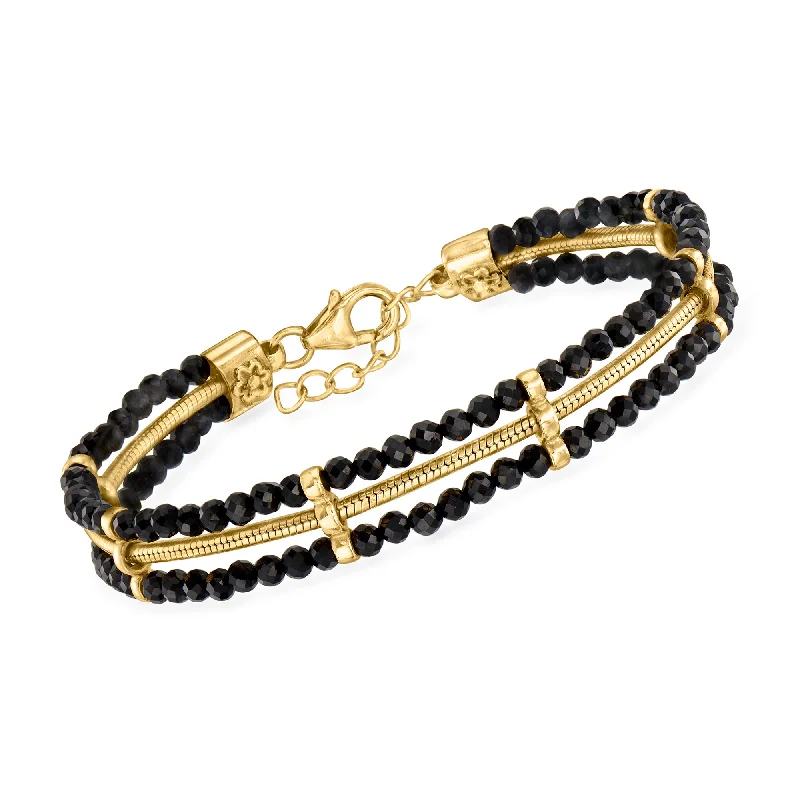 trendy bangles for women -Ross-Simons Black Spinel and Snake-Chain Bracelet in 18kt Gold Over Sterling