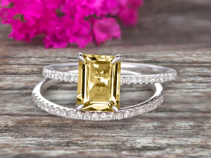 yellow gold engagement rings -yellow gold engagement rings -1.50 Carat Surprisingly Champagne Diamond Moissanite Engagement Ring On 10k White Gold Bridal Set Emerald Cut Thin Pave Stacking Band Art Deco