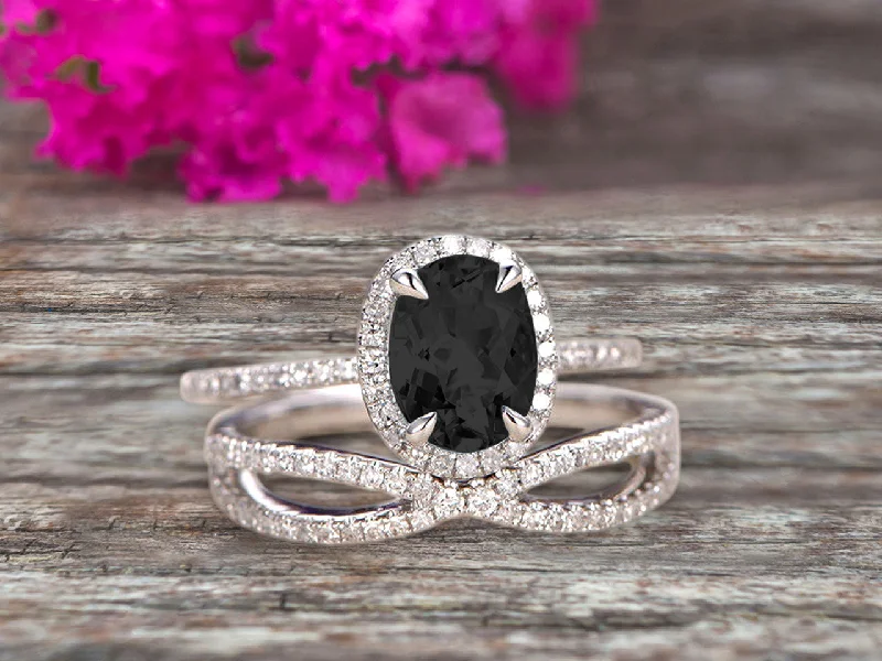 solitaire engagement rings for women -solitaire engagement rings for women -10k White Gold 1.75 Carat Oval Cut Black Diamond Moissanite Engagement Rings With Twisted Wedding Band Moissanite Diamonds Halo Design