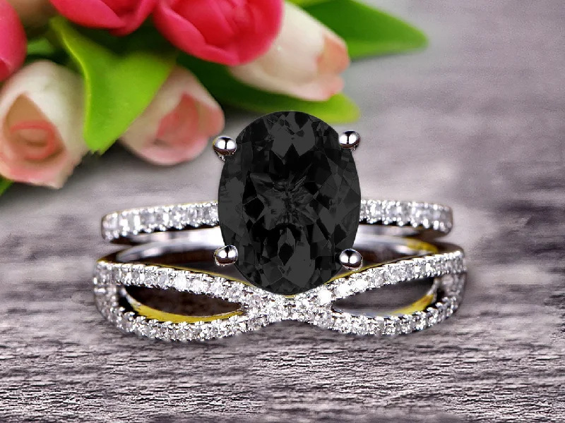 women’s engagement rings -women’s engagement rings -1.5 Carat Oval Shape Black Diamond Moissanite Engagement Ring Bridal Ring 10k White Gold Curved Loop Infinity Matching Band