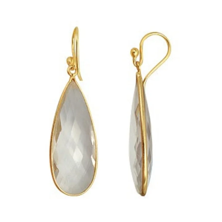 classic pearl earrings for women -women’s fashion stud earrings -Gold Plated over Silver Bezelled Earrings Clear Quartz Teardrop 16 x 37mm