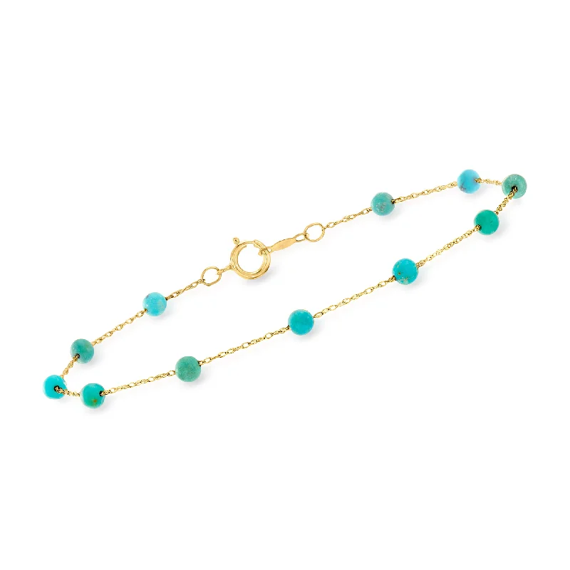 gold bracelets for women -RS Pure by Ross-Simons 3-3.5mm Turquoise Bead Station Bracelet in 14kt Yellow Gold