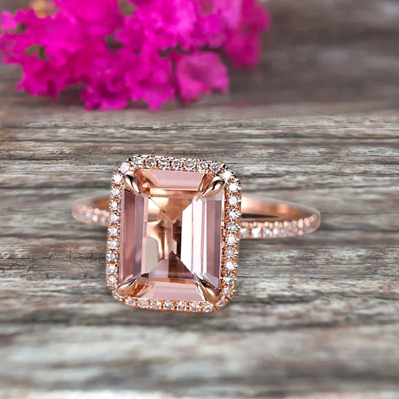 diamond engagement rings for women -diamond engagement rings for women -Flaming Emerald Cut 1.50 Carat Morganite Engagement Ring Wedding Ring Solid 10k Rose Gold Promise Ring Custom Made Sparkling Jewelry Halo Art Deco