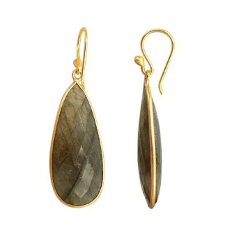 fashion-forward earrings for women -affordable earrings for women -Gold Plated over Silver Bezelled Earrings Labradorite Teardrop 16 x 37mm