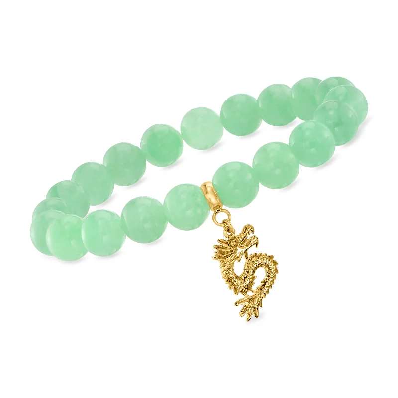 trendy bangle bracelets -Ross-Simons 10-10.5mm Jade Bead Stretch Bracelet With 18kt Gold Over Sterling Dragon Charm