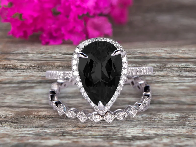 handcrafted engagement rings -handcrafted engagement rings -2Pcs Wedding Ring Set Pear Shape 1.75 Carat Black Diamond Moissanite Engagement Ring On 10k White gold Halo Design