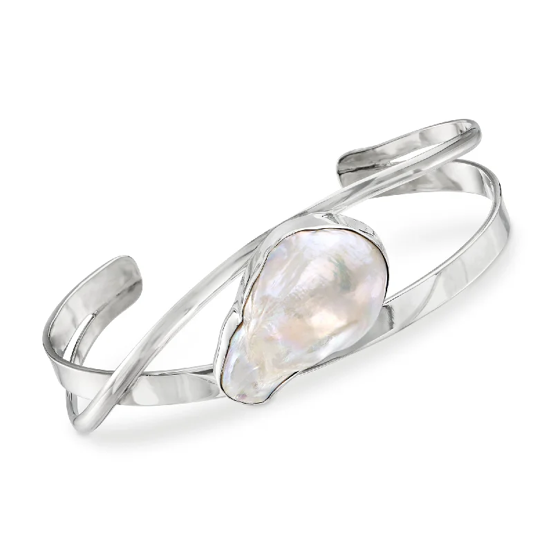 statement bangles for women -Ross-Simons 26x17mm Cultured Baroque Pearl Cuff Bracelet in Sterling Silver