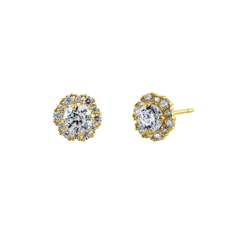 women’s earrings -women’s earrings -Solid 14K Yellow Gold Flower Halo Round CZ Earrings