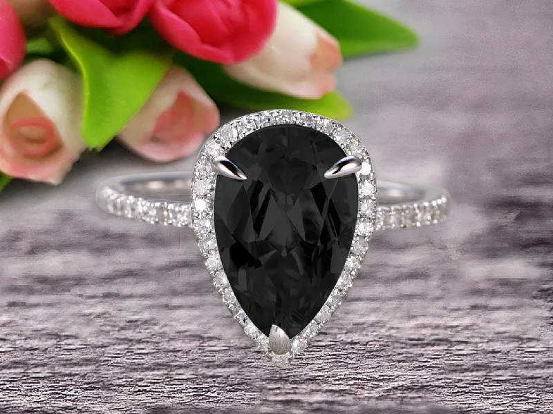 women’s diamond solitaire engagement rings -women’s diamond solitaire engagement rings -Pear Shape Halo Design 1.50 Carat Black Diamond Moissanite Engagement Ring Anniversary Gift On 10k White Gold Art Deco