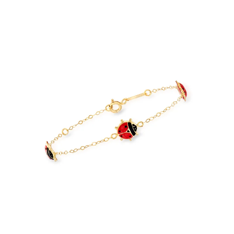 leather bangles for women -Ross-Simons Italian Child's 18kt Yellow Gold Station Ladybug Bracelet With Red and Black Enamel