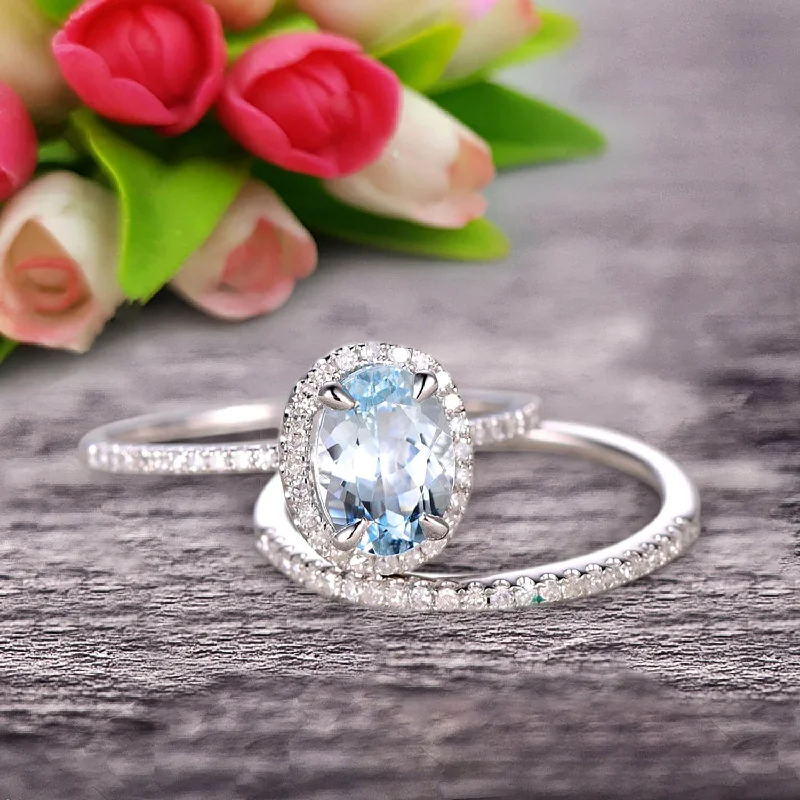 designer engagement rings -designer engagement rings -1.75 Carat Oval Cut Aquamarine Wedding Anniversary Gift Bridal Set Engagement Ring On 10k White Gold With Matching Band Art Deco Vintage Look