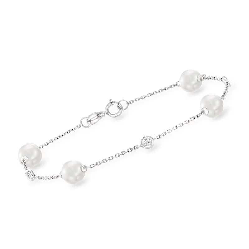 women’s bangle bracelets for parties -Ross-Simons 6-6.5mm Cultured Pearl Bracelet With Diamond Accents in 14kt White Gold