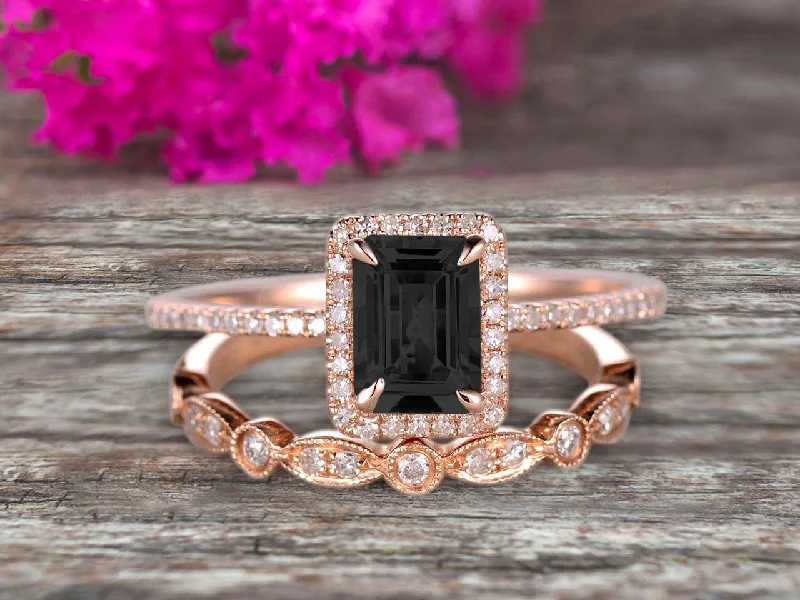 affordable custom engagement rings -affordable custom engagement rings -Halo Art Deco 1.75 Carat Emerald Cut Black Diamond Moissanite Wedding Set Bridal Ring Engagement Ring Set On 10k Rose Gold Stacking Matching Band Anniversary Gift