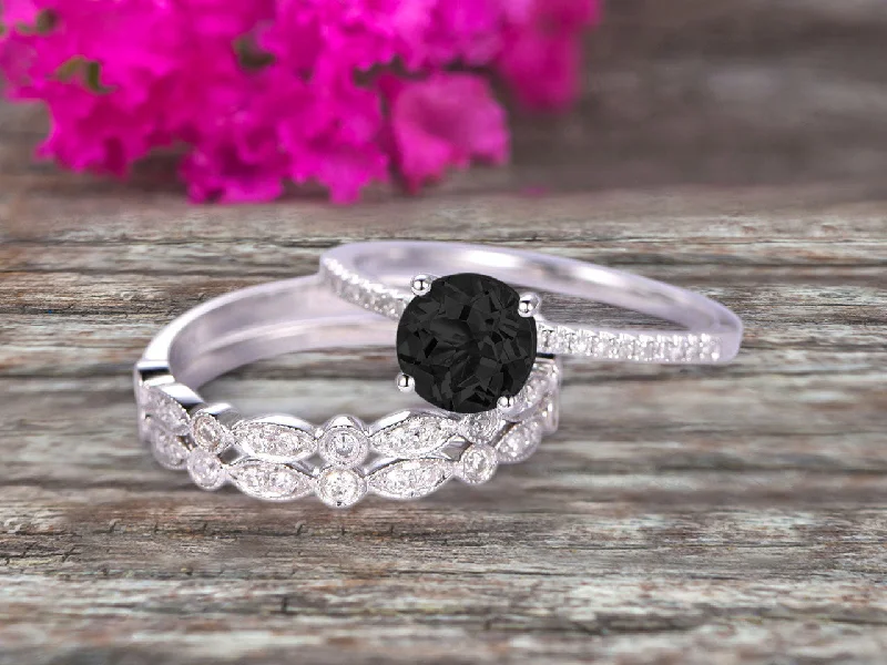 silver diamond engagement rings -silver diamond engagement rings -1.75 Carat 3Pcs Wedding Ring Set Black Diamond Moissanite Engagement Ring Round Cut Art Deco 10k White Gold