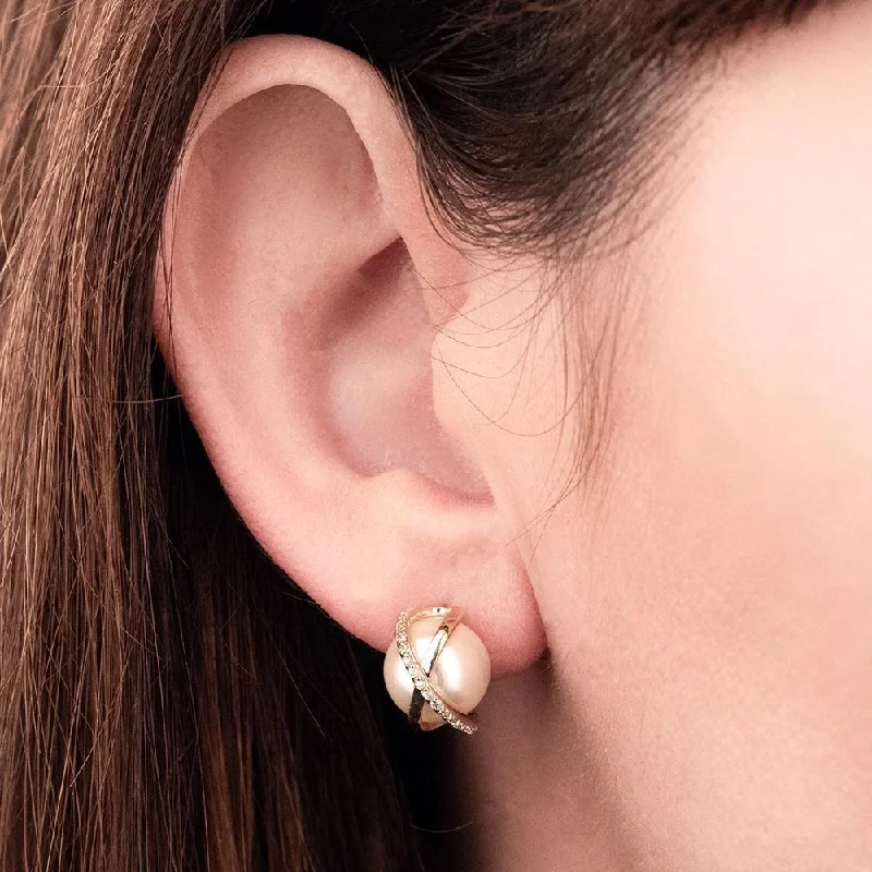 classic diamond earrings -vintage stud earrings for women -Pearl Earrings with Gold Plated Pave Crossover