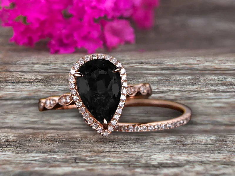 alternative engagement rings -alternative engagement rings -1.75 Carat 10k Rose Gold Pear Shape Black Diamond Moissanite Engagement Ring Set Marquise Band Milgrain Art Deco With HALO Ring