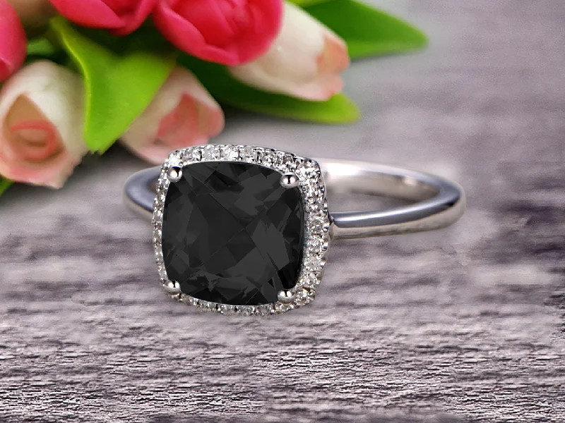 custom-made engagement rings for women -custom-made engagement rings for women -1.25 Carat Cushion Black Diamond Moissanite Engagement Ring on 10k White Gold Halo