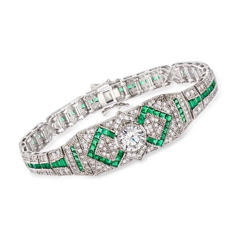 silver bangles for women -Ross-Simons CZ and Simulated Emerald Bracelet in Sterling Silver