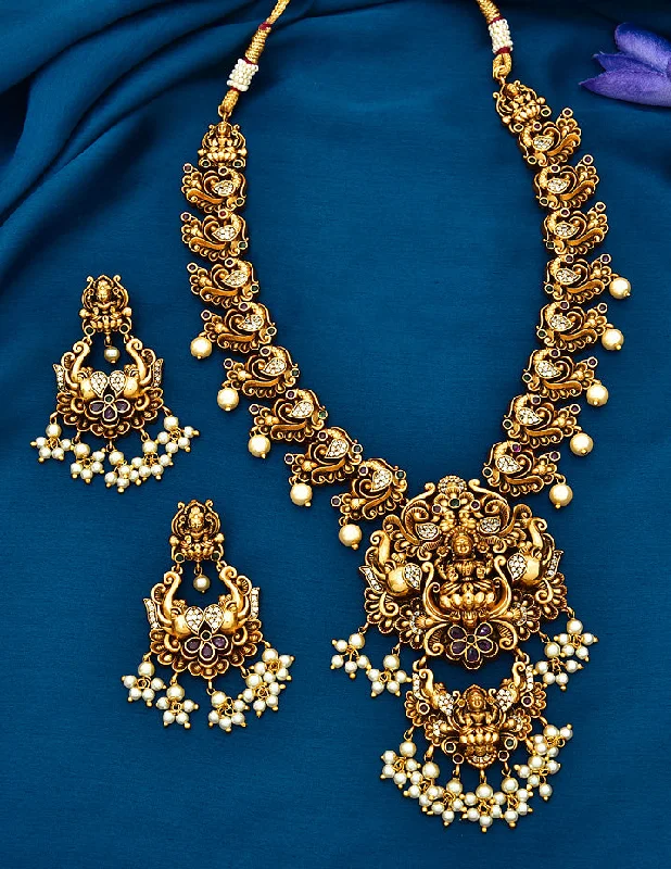 vintage gold necklaces for women -elegant diamond necklaces for women -Antique Lakshmi Devi Long Necklace Set