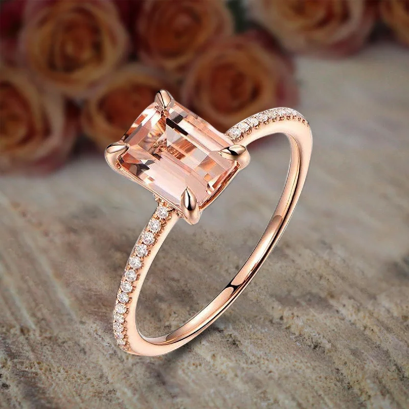 halo diamond engagement rings -halo diamond engagement rings -Limited Time Sale: 1.25 Carat Emerald Cut Morganite And Diamond Moissanite Engagement Ring in 10k Rose Gold