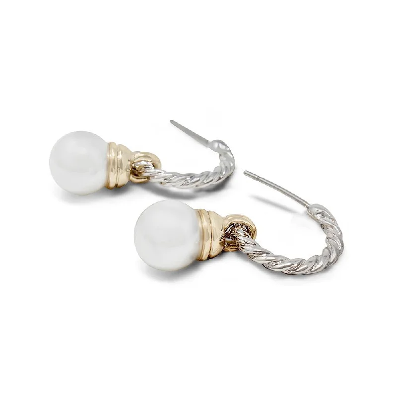 diamond earrings for women -gold earrings for women -Two Tone Cable Earrings Pearl Ball