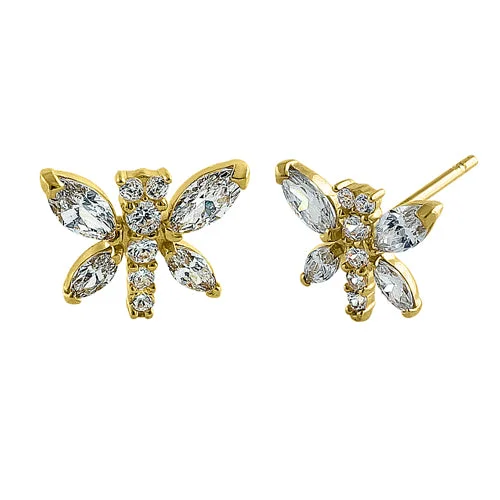 bold earrings for women -special occasion earrings for women -Solid 14K Yellow Gold Dragonfly CZ Earrings