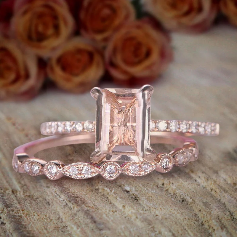 classic engagement rings for women -classic engagement rings for women -Art Deco 1.50 Carat Emerald Cut Morganite And Diamond Moissanite Bridal Set Engagement Ring 10k Rose Gold on Sale