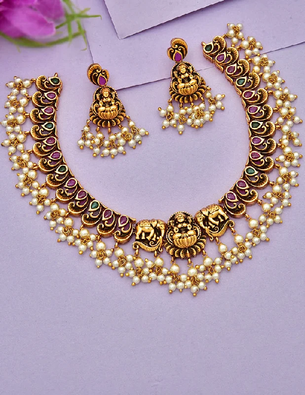 stylish modern necklaces for women -gold chain necklaces for women -Antique Kempu Necklace Set