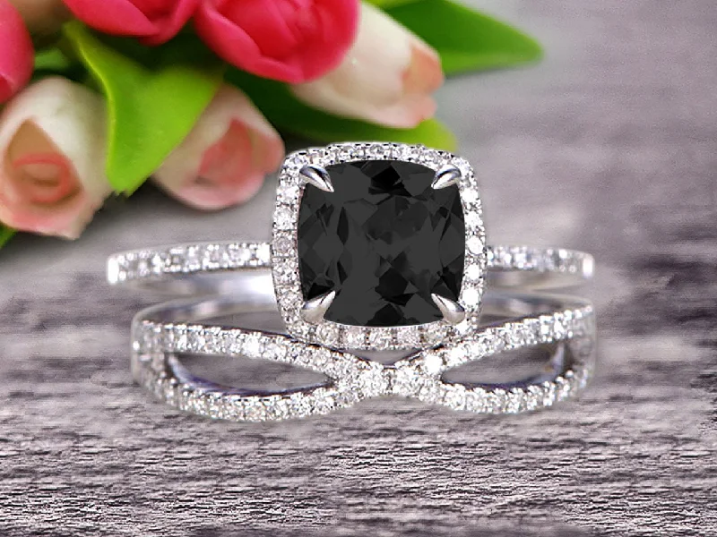 engagement rings with colored diamonds -engagement rings with colored diamonds -Bridal Set 1.75 Carat Cushion Black Diamond Moissanite Engagement Ring Set Wedding Ring Solid 10k White Gold Promise Ring for Bride Loop Curved Matching Band Halo Ring