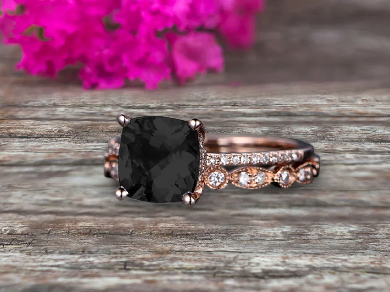 romantic engagement rings for women -romantic engagement rings for women -Cushion Cut 1.75 Carat Black Diamond Moissanite Engagement Ring with Unique Wedding Band 10k Rose Gold Art Deco Bridal Set Anniversary Gift