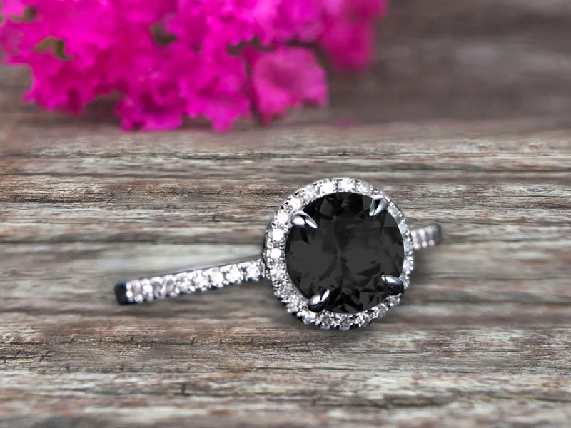 custom engagement rings for women -custom engagement rings for women -1.50 Carat Round Cut Black Diamond Moissanite Engagement Ring On 10k White Gold Art Deco Halo Designed