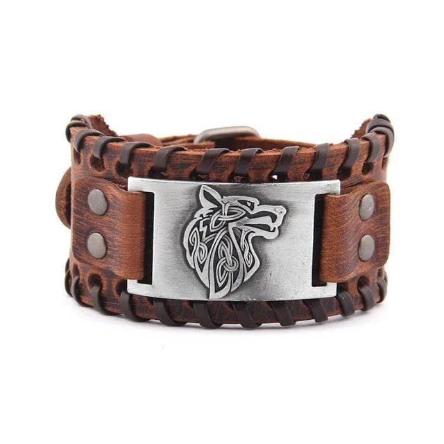 chic women’s bangles -Wolf of Odin Leather Wrap Bracelet