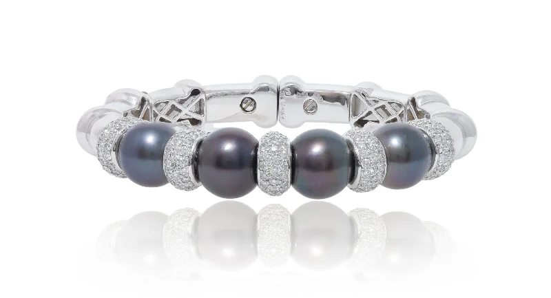 stackable bangles for women -18 kt white gold diamond and pearl cuff