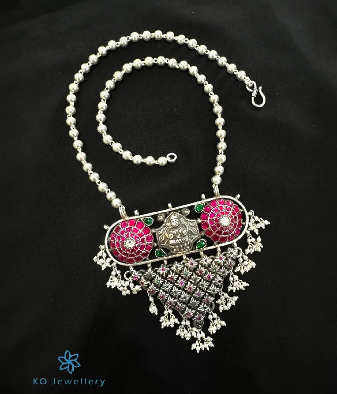 double chain necklaces for women -delicate crystal necklaces for women -The Amrita Silver Lakshmi  Kundan Necklace