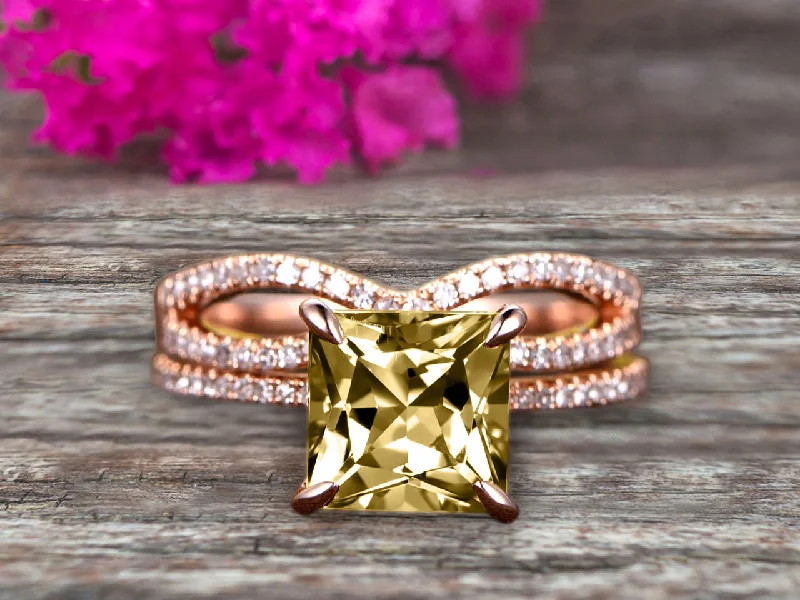 engagement rings for non-traditional brides -engagement rings for non-traditional brides -1.75 Carat VS Champagne Diamond Moissanite Wedding Ring Set Princess Cut 10k Rose Gold Engagement Ring Bridal Ring Loop Infinity Stacking Matching Band Staggering Shining Vintage Look