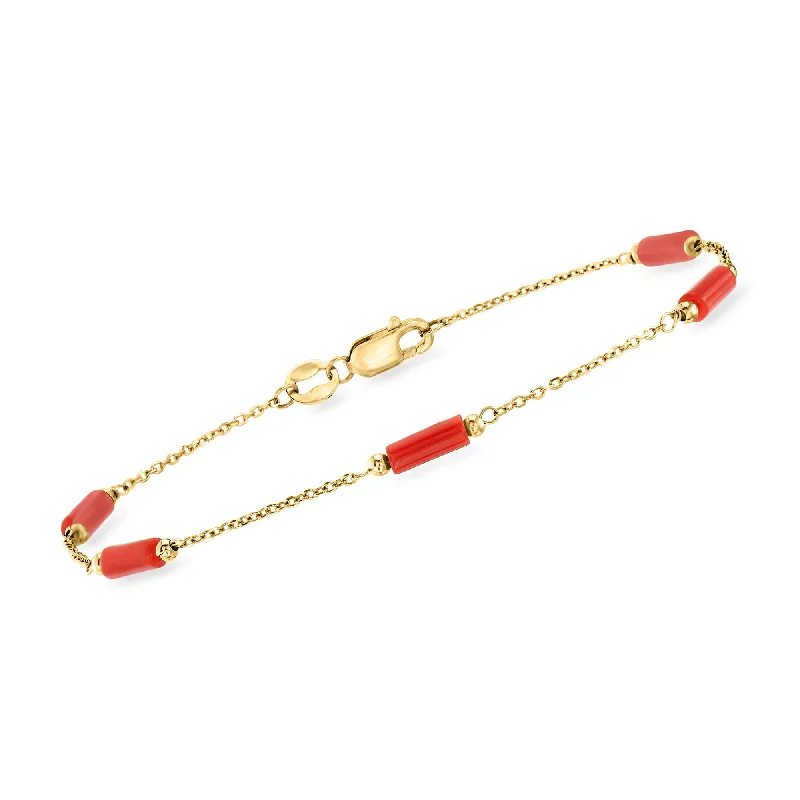 minimalistic bracelets for women -Ross-Simons Italian Red Coral Bead Station Bracelet in 18kt Yellow Gold