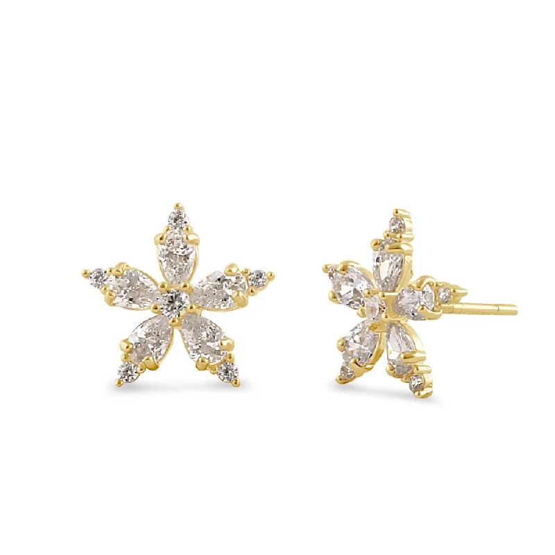 silver stud earrings for women -crystal earrings for women -Solid 14K Gold Star Flower CZ Earrings