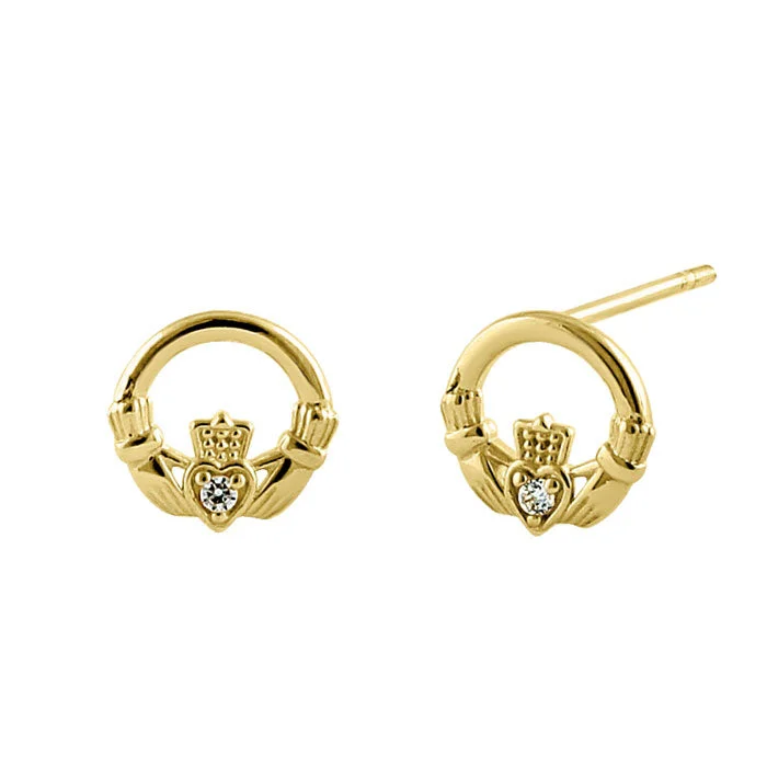 classic diamond earrings -vintage stud earrings for women -Solid 14K Yellow Gold Claddagh CZ Earrings